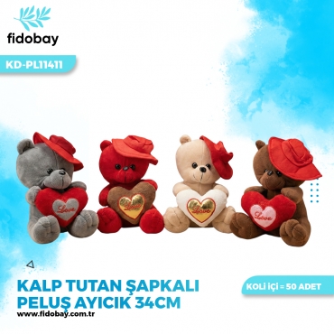 KD-PL11411 - KALP TUTAN ŞAPKALI PELUŞ AYICIK 34CM